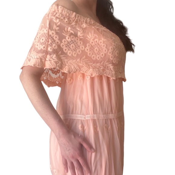 Peach prairie dress vintage lace style off the shoulder floral design small med - Picture 3 of 15
